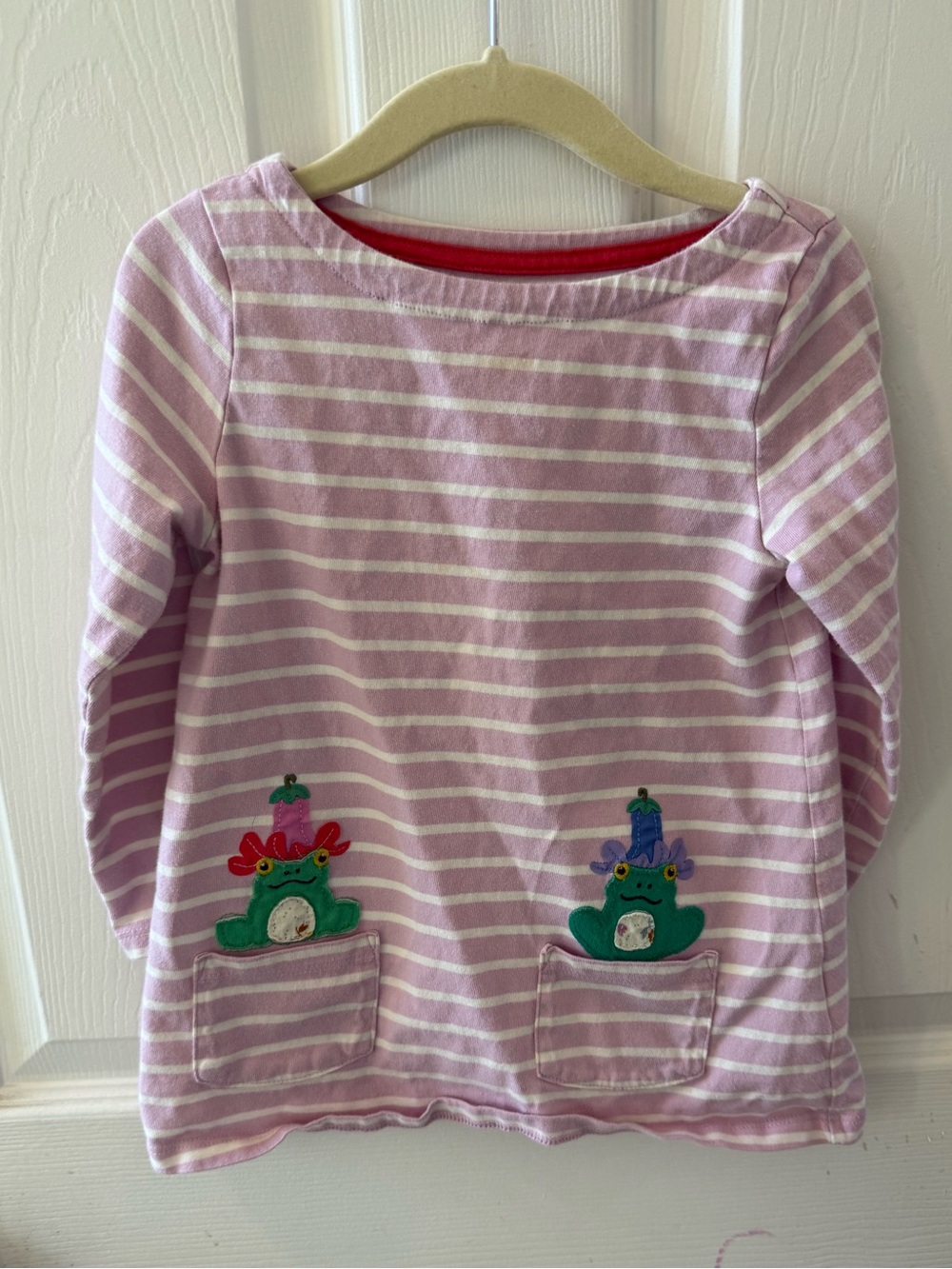 Mini Boden Frog Pocket Appliqué Striped Tunic Top 3-4Y Pink Long Sleeve